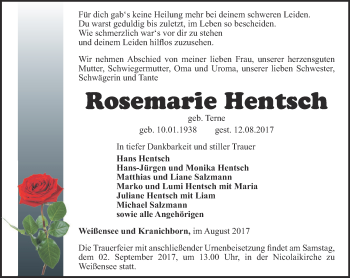 Traueranzeige von Rosemarie Hentsch von Thüringer Allgemeine