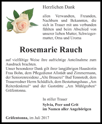 Traueranzeige von Rosemarie Rauch von Thüringer Allgemeine, Thüringische Landeszeitung