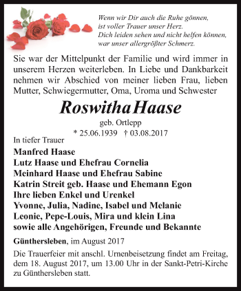 Traueranzeige von Roswitha Haase von Ostthüringer Zeitung, Thüringische Landeszeitung