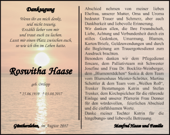 Traueranzeige von Roswitha Haase von Ostthüringer Zeitung, Thüringische Landeszeitung