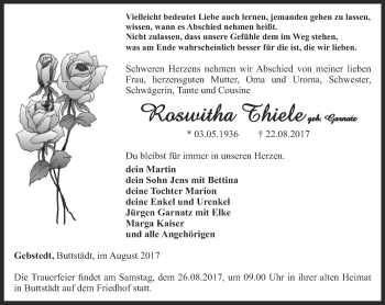 Traueranzeige von Roswitha Thiele von Thüringer Allgemeine, Thüringische Landeszeitung