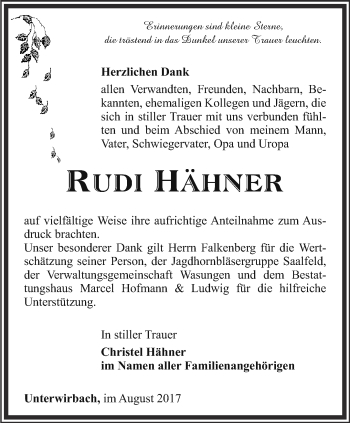 Traueranzeige von Rudi Hähner von Ostthüringer Zeitung