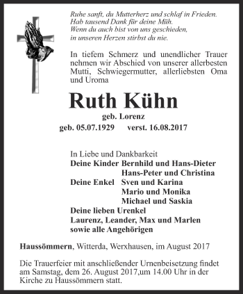 Traueranzeige von Ruth Kühn von Thüringer Allgemeine, Thüringische Landeszeitung