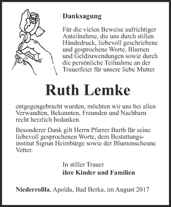 Traueranzeige von Ruth Lemke von Thüringer Allgemeine, Thüringische Landeszeitung