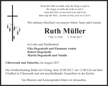 Traueranzeige von Ruth Müller von Ostthüringer Zeitung