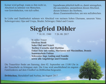 Traueranzeige von Siegfried Döhler von Ostthüringer Zeitung