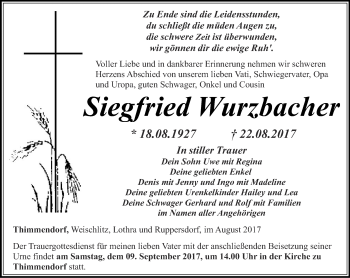 Traueranzeige von Siegfried Wurzbacher von Ostthüringer Zeitung