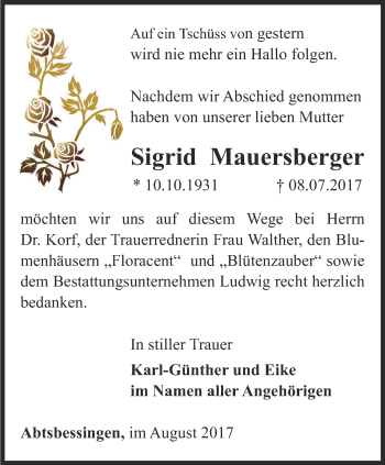 Traueranzeige von Sigrid Mauersberger von Thüringer Allgemeine