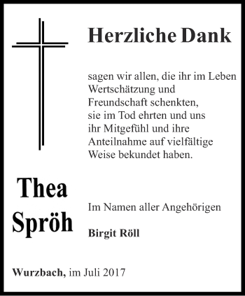 Traueranzeige von Thea Spröh von Ostthüringer Zeitung
