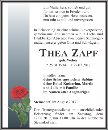 Traueranzeige von Thea Zapf von Ostthüringer Zeitung