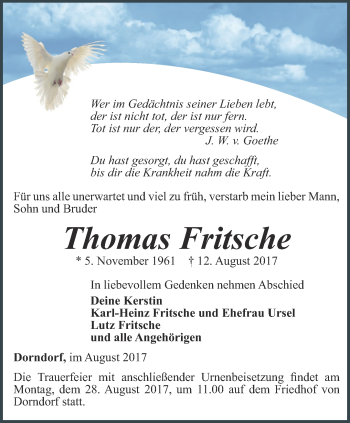 Traueranzeige von Thomas Fritsche von Ostthüringer Zeitung, Thüringische Landeszeitung
