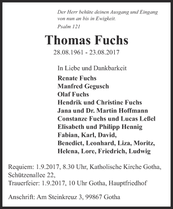 Traueranzeige von Thomas Fuchs von Ostthüringer Zeitung, Thüringische Landeszeitung