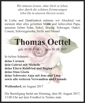 Traueranzeige von Thomas Oettel von Ostthüringer Zeitung