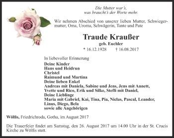 Traueranzeige von Traude Kraußer von Ostthüringer Zeitung, Thüringische Landeszeitung