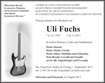 Traueranzeige von Uli Fuchs von Thüringer Allgemeine, Thüringische Landeszeitung
