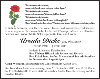 Traueranzeige von Ursula Dicke von Ostthüringer Zeitung