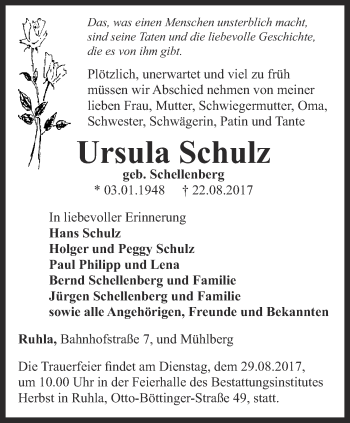 Traueranzeige von Ursula Schulz von Thüringer Allgemeine, Thüringische Landeszeitung