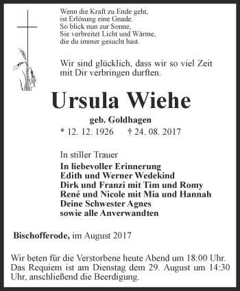 Traueranzeige von Ursula Wiehe von Thüringer Allgemeine