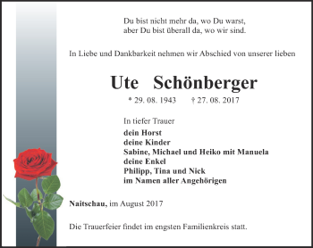 Traueranzeige von Ute Schönberger von Ostthüringer Zeitung