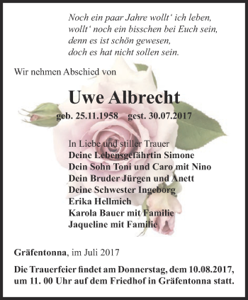 Traueranzeige von Uwe Albrecht von Thüringer Allgemeine, Thüringische Landeszeitung