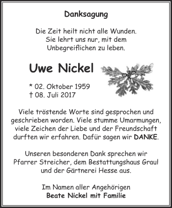 Traueranzeige von Uwe Nickel von Thüringer Allgemeine