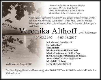 Traueranzeige von Veronika Althoff von Thüringer Allgemeine