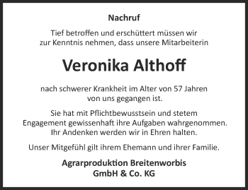 Traueranzeige von Veronika Althoff von Thüringer Allgemeine