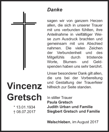 Traueranzeige von Vincenz Gretsch von Thüringer Allgemeine, Thüringische Landeszeitung