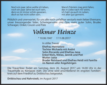 Traueranzeige von Volkmar Heinze von Ostthüringer Zeitung