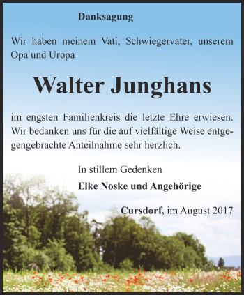 Traueranzeige von Walter Junghans von Ostthüringer Zeitung