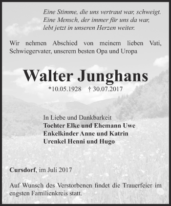 Traueranzeige von Walter Junghans von Ostthüringer Zeitung