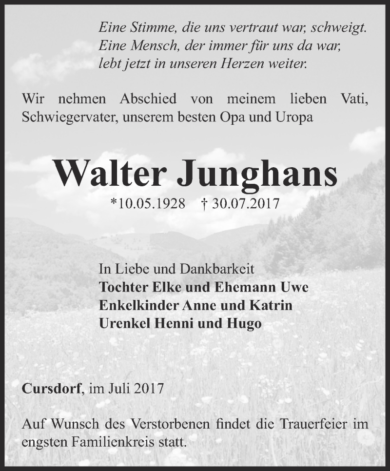 Traueranzeigen von Walter Junghans trauer in thueringen.de