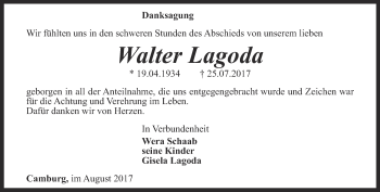 Traueranzeige von Walter Lagoda von Ostthüringer Zeitung, Thüringische Landeszeitung