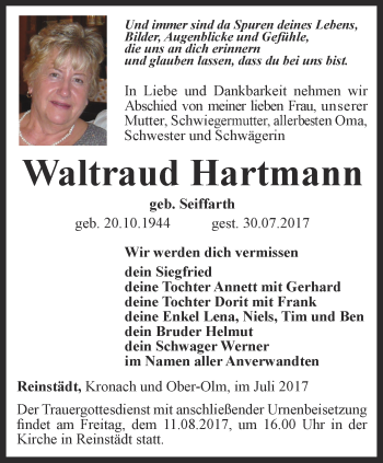 Traueranzeige von Waltraud Hartmann von Ostthüringer Zeitung, Thüringische Landeszeitung