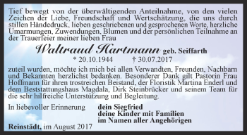 Traueranzeige von Waltraud Hartmann von Thüringer Allgemeine, Thüringische Landeszeitung