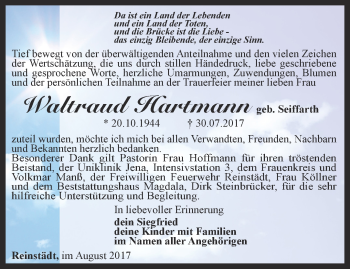 Traueranzeige von Waltraud Hartmann von Ostthüringer Zeitung, Thüringische Landeszeitung