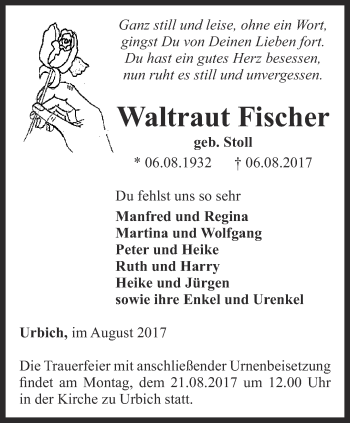 Traueranzeige von Waltraut Fischer von Thüringer Allgemeine, Thüringische Landeszeitung