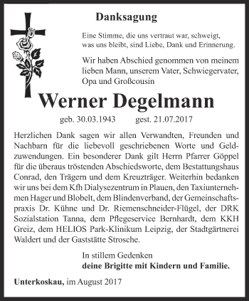 Traueranzeige von Werner Degelmann von Ostthüringer Zeitung