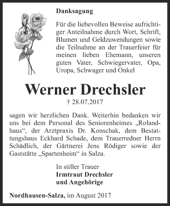 Traueranzeige von Werner Drechsler von Thüringer Allgemeine