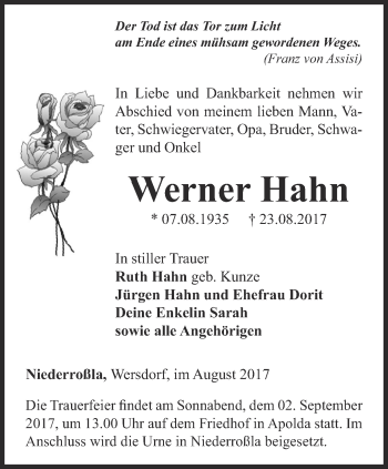 Traueranzeige von Werner Hahn von Thüringer Allgemeine, Thüringische Landeszeitung