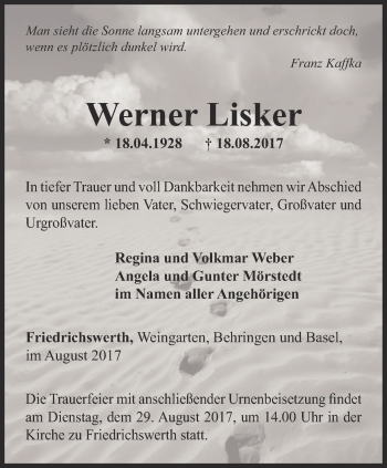 Traueranzeige von Werner Lisker von Ostthüringer Zeitung, Thüringische Landeszeitung