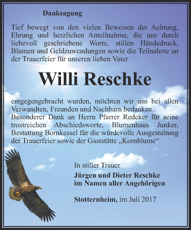  Traueranzeige für Willi Reschke vom 12.08.2017 aus Thüringer Allgemeine, Thüringische Landeszeitung