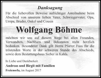 Traueranzeige von Wolfgang Böhme von Ostthüringer Zeitung, Thüringische Landeszeitung