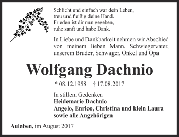 Traueranzeige von Wolfgang Dachnio von Thüringer Allgemeine