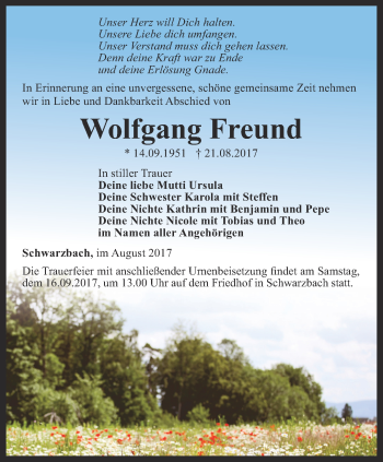 Traueranzeige von Wolfgang Freund von Ostthüringer Zeitung