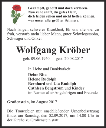 Traueranzeige von Wolfgang Kröber von Ostthüringer Zeitung