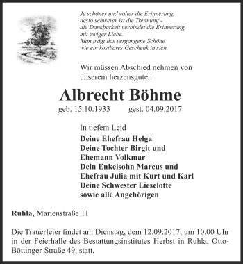 Traueranzeige von Albrecht Böhme von Thüringer Allgemeine, Thüringische Landeszeitung