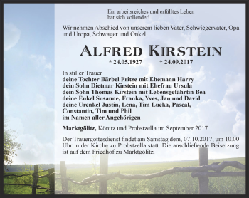 Traueranzeige von Alfred Kirstein von Ostthüringer Zeitung