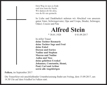 Traueranzeige von Alfred Stein von Thüringer Allgemeine, Thüringische Landeszeitung