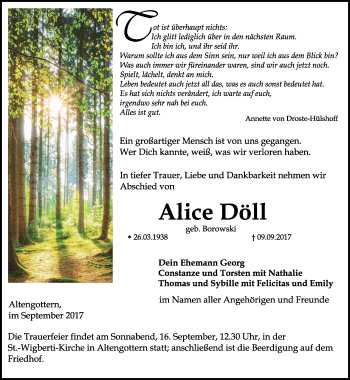 Traueranzeige von Alice Döll von Thüringer Allgemeine, Thüringische Landeszeitung